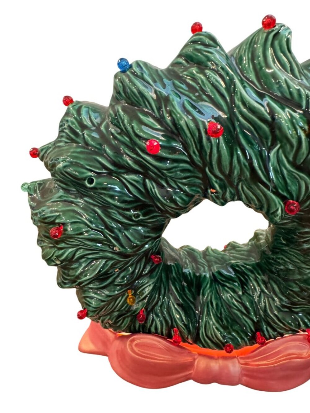 Vintage Ceramic Light-Up Christmas Wreath Decoration With Bow & Multicolor Bulbs - Picture 14 of 16